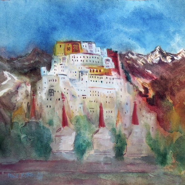 View of Thikse Monastery, Ladakh by Neil Pittaway RWS, watercolour